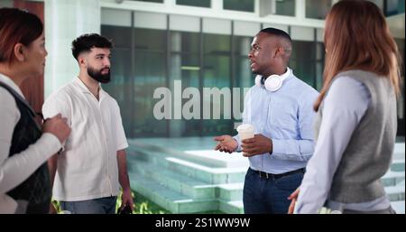 Happy University Friends Together Outside Campus Building Stock Photo