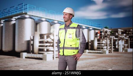 Silo Industrial Facility Manager At Work. Safety Inspector Portrait Stock Photo