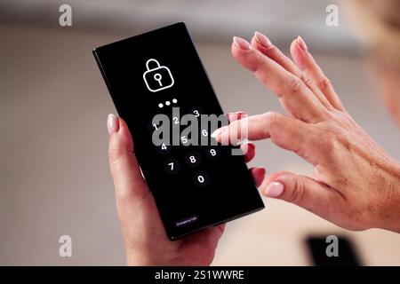 Mobile Phone Security Lock. Woman Using Virtual Stock Photo