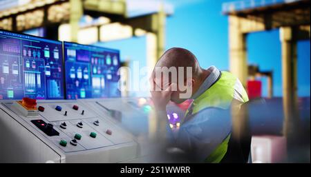 Unhappy Engineer Operator In Trouble At Cargo Export Shipping Port Stock Photo