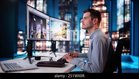 Graphic Designer Working On Computer Editing For Print Stock Photo