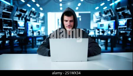 Cyber Security Risk. Thief Man Hacking Data Stock Photo