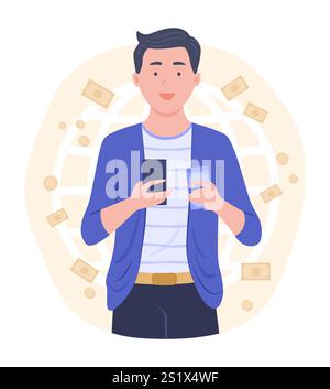 Business Man Getting Cash Money from Online Money Transfer by Smartphone for Fintech Concept Illustration Stock Vector