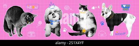 Trendy halftone collage cats and dog in different poses with doodle elements. Grunge punk collection Stock Vector