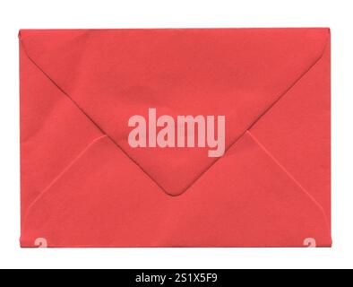 front view closeup of blank brown old aged closed letter red paper envelope with antique texture isolated on white background Stock Photo