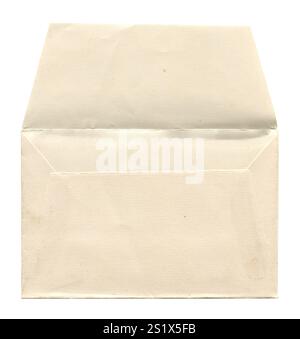 front view closeup of blank brown old aged open letter paper envelope with antique texture isolated on white background Stock Photo