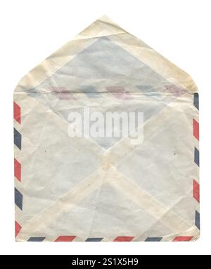 front view closeup of blank brown old aged open letter paper envelope with antique texture and airmail stripes isolated on white background Stock Photo