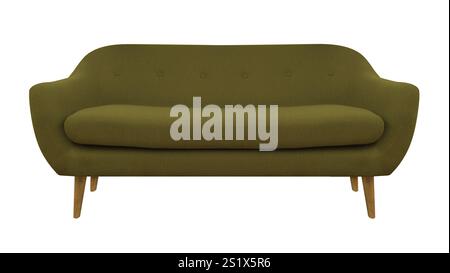 Yellow fabric classic sofa on wooden legs isolated on white background with clipping path. Series of furniture Stock Photo