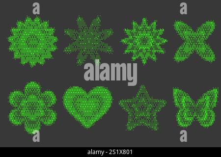 Pixel pattern shapes. Textured heart flower and butterfly with bitmap Y2k dither gradient. Retro vector star with old computer game graphic effect Stock Vector