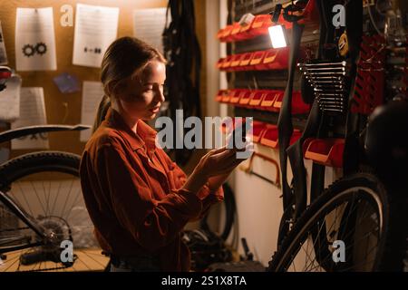 Beautiful blonde girl bicycle mechanic using smartphone taking photos of broken bicycle in bicycle repair shop Stock Photo