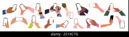 Different Hands holding mobile phones vector set. Stock Vector