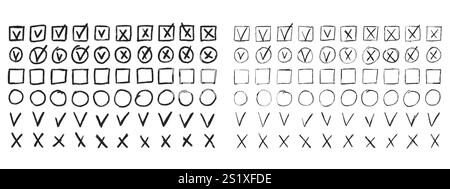 Set of checkboxes. Tick and check marks pack. Cross and v sign pencil drawn. Correct and wrong symbols. Vector doodle collection illustration isolated Stock Vector