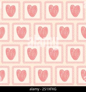Hearts crayon drawn on square frame seamless pattern. Valentines day. Love symbols endless backdrop. Surface pattern design romantic date motif. Vecto Stock Vector
