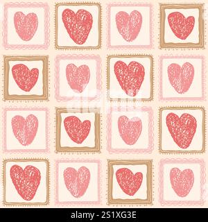 Hearts crayon drawn on square frame seamless pattern. Valentines day retro doodle rectangle borders repeat background. Love symbols endless backdrop. Stock Vector