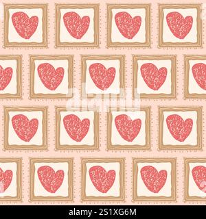 Hearts crayon drawn on square frame seamless pattern. Valentines day retro doodle rectangle borders repeat background. Surface pattern design romantic Stock Vector