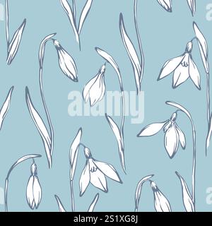 Spring snowdrops seamless pattern. Hand drawn elegant flowers on blue background. Stock Vector