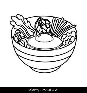 Bibimbap bowl doodle hand drawn vector illustration Korean traditional food black line icon drawing Stock Vector