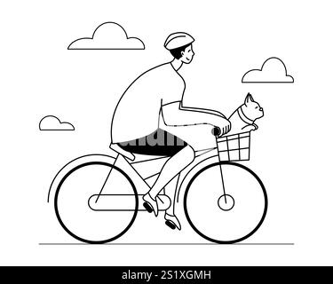 Young man in helmet and sportswear drives a bike and carries a small dog in a bicycle basket Stock Vector
