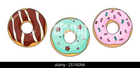 Cute donuts collection chocolate pink and mint colored doughnut set cartoon flat vector illustration Stock Vector