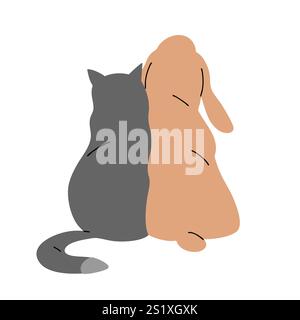 A cute dog and a cat are sitting together. Pet friendship. Animals from the back. Cartoon vector illustration isolated on white background Stock Vector