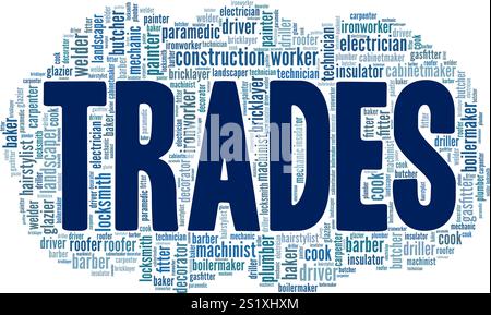 Trades word cloud conceptual design isolated on white background. Stock Vector
