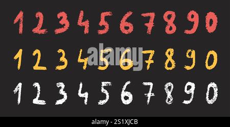 Numbers set isolated on dark background. Children vector colorful crayon chalk drawn illustration. Stock Vector