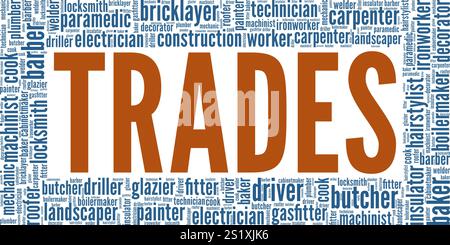 Trades word cloud conceptual design isolated on white background. Stock Vector