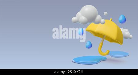 Rainy day scene with 3D umbrella wet puddle cloud and raindrops. Monsoon background with copy space Stock Vector