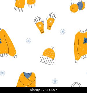 Winter seamless pattern with warm knitted clothes and snowflakes in doodle hand drawn style Stock Vector