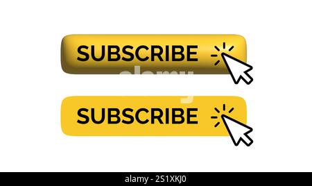 Set of two yellow Subscribe buttons, one with 3D styling and one flat, both with a clicking cursor and visual click effect. Ideal for web interfaces Stock Vector