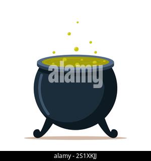 Witch's cauldron with poisonous green potion. Gurgling liquid in pot. Magic potion. Stock Vector