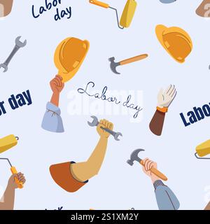 Labor day seamless pattern different workers hands holding work tools modern flat style with text Stock Vector