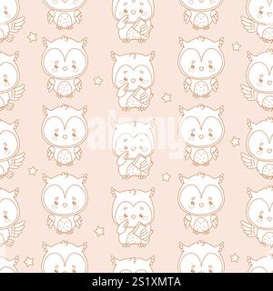 Outline Seamless pattern. Cute wise owl bird with book on light background. Line drawing. Vector illustration. Kids collection Stock Vector