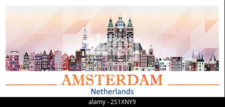 Amsterdam skyline in bright color palette vector illustration Stock Vector
