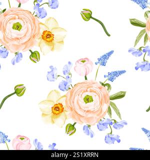 A spring seamless vector pattern featuring peach ranunculus, yellow daffodils, blue sweet peas, muscari, and pink buds on a white background. Stock Vector
