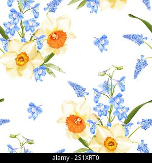 Seamless spring floral vector pattern featuring yellow daffodils with orange centers, blue delphiniums, and grape hyacinths on a white background. Stock Vector