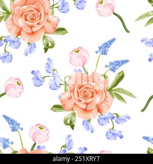 Elegant spring floral vector pattern featuring peach roses, blue muscari, and wild pea blooms on a white background. Stock Vector
