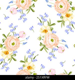 Seamless floral vector pattern with ranunculus, daffodils, muscari, and wild pea flowers on a white background. Stock Vector