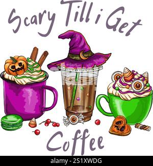 coffee Flat halloween candy elements collection, Set of cute and creepy halloween mug. Vector illustration. Halloween Witch Club SVG Sublimation T shi Stock Vector