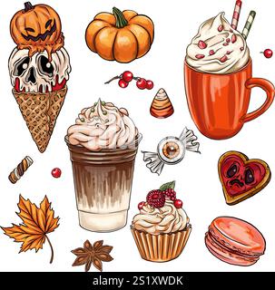 coffee Flat halloween candy elements collection, Set of cute and creepy halloween mug. Vector illustration. Halloween Witch Club SVG Sublimation T shi Stock Vector