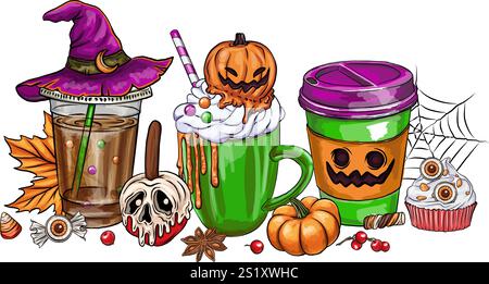 coffee Flat halloween candy elements collection, Set of cute and creepy halloween mug. Vector illustration. Halloween Witch Club SVG Sublimation T shi Stock Vector