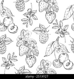 Berries vector seamless pattern hand drawn in ink. Strawberry, cherry, raspberry and blueberry Stock Vector