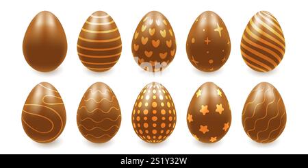 A set of chocolate Easter eggs with gold patterns on a white background. 3d Vector illustration Stock Vector