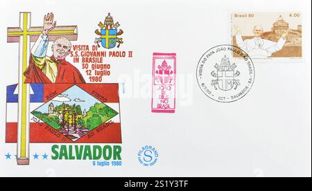 Letter with cancelled postage stamp printed by Brazil, that celebrates Visit of Pope John Paul II to Salvador, Brazil, circa 1980. Stock Photo