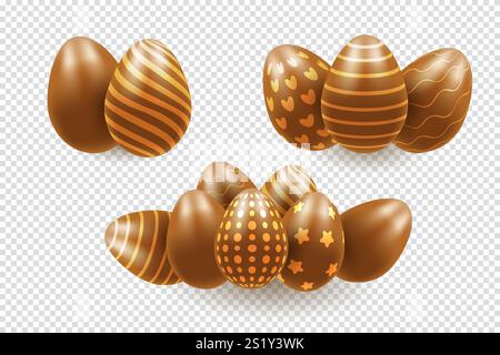 Chocolate Easter eggs, concept, realistic 3d . Vector illustration on transparent background Stock Vector