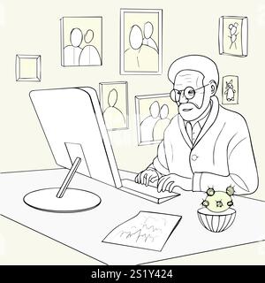 An elderly man in glasses is working at a computer Stock Vector