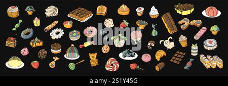 A big set of colorful desserts. Cakes, sweets, chocolate. Stock Vector