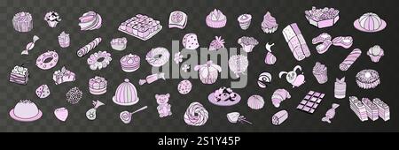 Vector big set of different desserts in solid pastel colors. Stock Vector