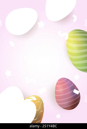 Easter multicolored eggs realistic 3d, confetti . Vector illustration, copy space Stock Vector