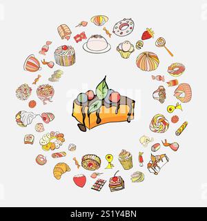Colorful illustration on the theme of desserts. Stock Vector